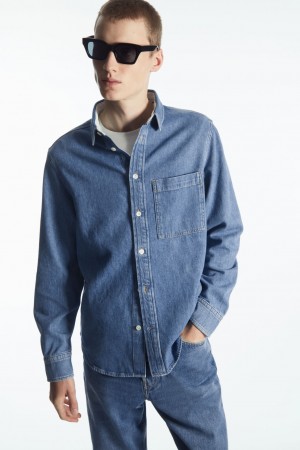 Men's COS Cotton And Linen-Blend Denim Shirts Blue NZ-24VWJGFMN