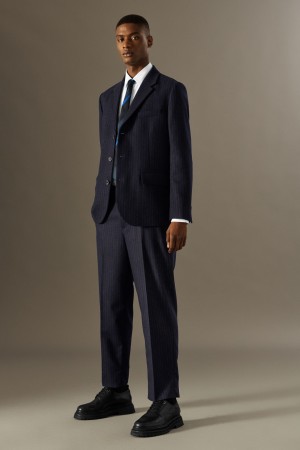 Men's COS Cropped Pinstriped Wool Straight Trousers Navy NZ-14GCKXSUJ