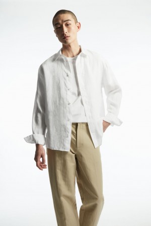 Men's COS Curved-Hem Linen Shirts White NZ-40AGZCFIB