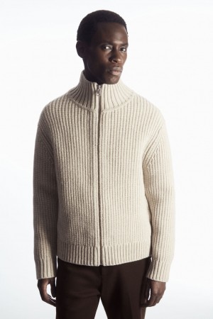 Men's COS Funnel-Neck Knitted Wool Jackets Light Beige NZ-74DITUQER