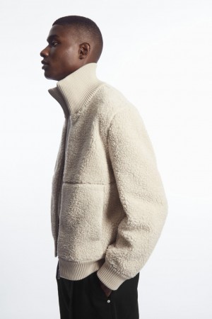 Men's COS Funnel-Neck Teddy Jackets Light Beige NZ-79SOCHFAB