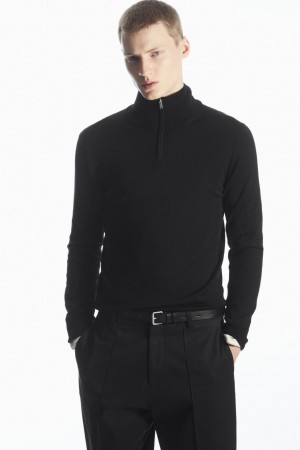 Men's COS Funnel-Neck Wool Half-Zip Sweaters Black NZ-56FOXUQDI