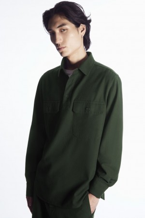 Men's COS Half-Placket Utility Overshirt Shirts Dark Green NZ-81IPMSOHG