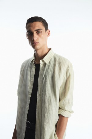 Men's COS Long-Sleeved Striped Linen Shirts Green / Cream NZ-87BHLRTCE