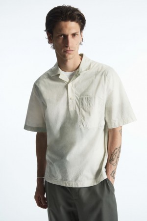 Men's COS Printed Half-Placket Short-Sleeved Shirts White / Green NZ-86SOIMCKR
