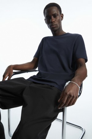 Men's COS Regular-Fit Mid-Weight Brushed T-Shirt Navy NZ-64SWPIHVE