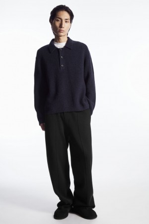 Men's COS Ribbed Wool And Cashmere-Blend Polo Shirts Navy NZ-62AWLBCNZ