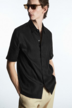 Men's COS Short-Sleeved Linen Shirts Black NZ-17FRDECIL