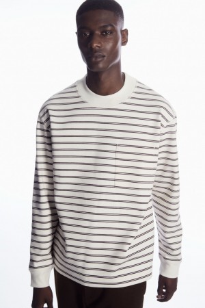 Men's COS Striped Mock-Neck Long-Sleeved T-Shirt White NZ-04WOXVSNK