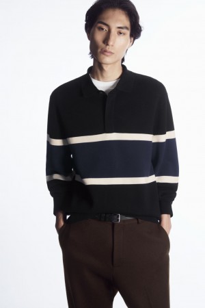 Men's COS Striped Polo Shirts Black NZ-30MOVWELF