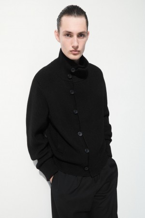 Men's COS The Funnel-Neck Knitted Wool Jackets Black NZ-23RGZCQFK