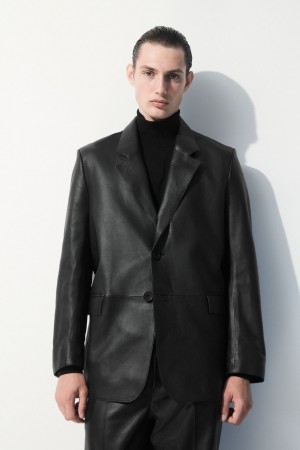 Men's COS The Single-Breasted Leather Blazer Black NZ-13HCGDQXE
