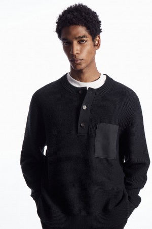 Men's COS Waffle-Knit Henley Sweaters Navy NZ-46DTHJSUR