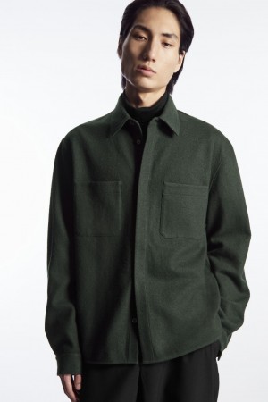 Men's COS Wool-Jersey Overshirt Shirts Dark Green NZ-89XHIDQTN
