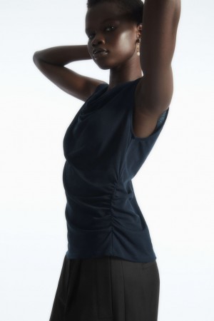 Women's COS Asymmetric Draped Sleeveless Tops Navy NZ-12IYGESBK