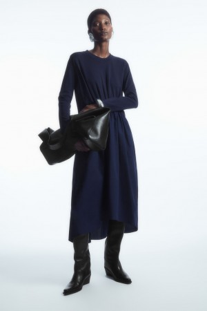 Women's COS Asymmetric Gathered-Waist Midi Dress Navy NZ-85JHUSODW