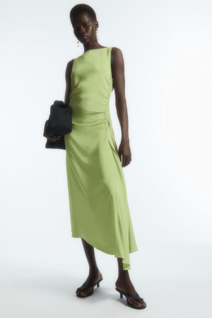 Women's COS Asymmetric Gathered Satin Midi Dress Green NZ-80CWMQHIK