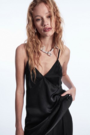 Women's COS Asymmetric Lace-Trimmed Satin Camisole Tops Black NZ-15YRKZEJU