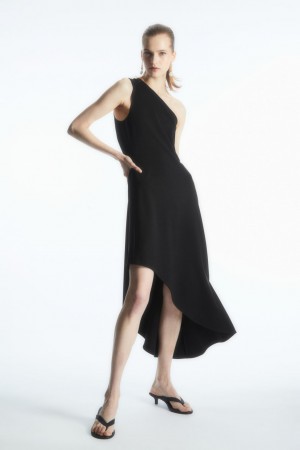 Women's COS Asymmetric One-Shoulder Midi Dress Black NZ-24XCLRZFN