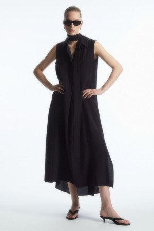 Women's COS Bow Sleeveless Midi Dress Navy NZ-68RWAUQLE