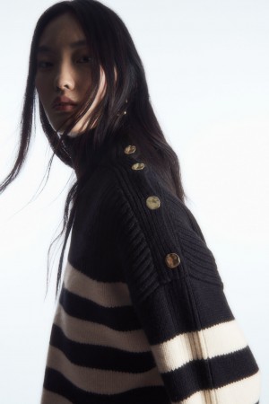 Women's COS Button-Embellished Striped Wool Sweaters Navy NZ-91ISEVGQY