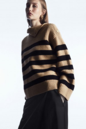 Women's COS Button-Embellished Striped Wool Sweaters Beige / Black NZ-14FCWOVXP