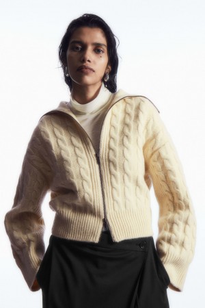 Women's COS Cable-Knit Wool Zip-Up Jackets Cream NZ-72CYGKOAX