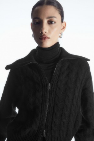 Women's COS Cable-Knit Wool Zip-Up Jackets Black NZ-43JNCDPTU