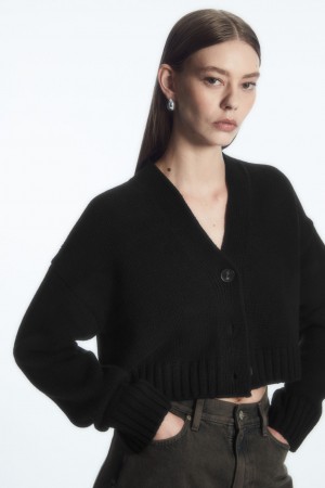 Women's COS Chunky Cropped Cashmere-Blend Cardigan Black NZ-76GHZKCTI