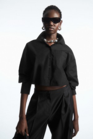 Women's COS Cropped Poplin Shirts Black NZ-39MXOQVZA