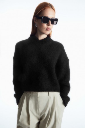 Women's COS Cropped V-Neck Mohair Sweaters Black NZ-48JNKMFZW
