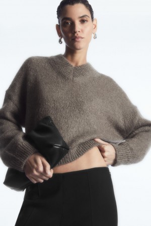 Women's COS Cropped V-Neck Mohair Sweaters Light Brown NZ-61IRAOMYG