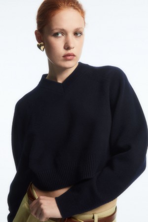 Women's COS Cropped V-Neck Wool Sweaters Navy NZ-85VSBNKGQ
