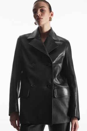 Women's COS Double-Breasted Leather Jackets Black NZ-51CXMBAZI