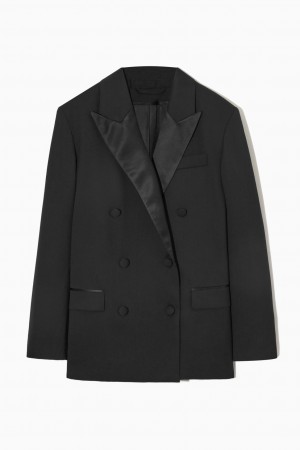 Women's COS Double-Breasted Satin-Trimmed Wool Blazer Black NZ-58MHGFSOB