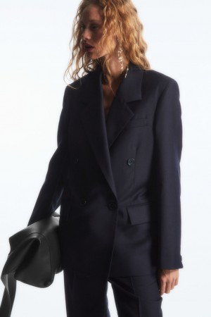 Women's COS Double-Breasted Wool Blazer Navy NZ-21DKNXHBG