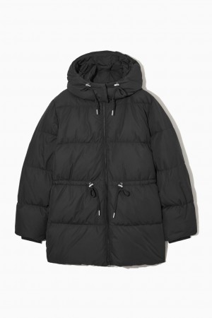 Women's COS Drawstring-Waist Puffer Coats Black NZ-89RWDGJZH
