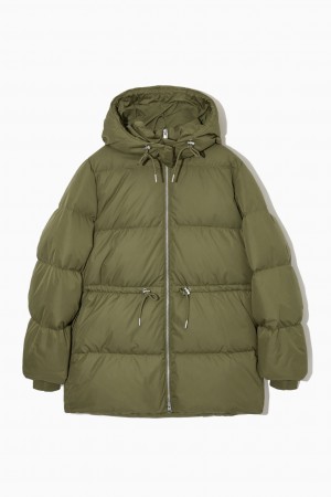 Women's COS Drawstring-Waist Puffer Coats Khaki Green NZ-74VCLXFTR