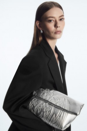 Women's COS Embroidered Western Leather Clutch Bags Silver NZ-05DHORJCM