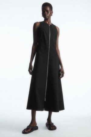 Women's COS Flared Zip-Up Midi Dress Black NZ-47LBNXJWP
