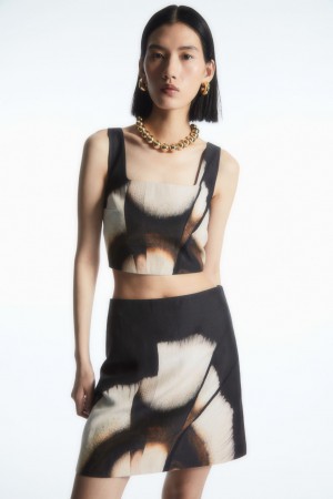 Women's COS Floral-Print Linen-Blend Mini Skirt Black NZ-17JDVGRAP