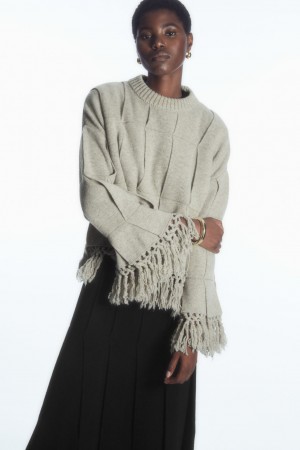 Women's COS Fringed Paneled Wool Sweaters Light Grey NZ-29XYLUJEF