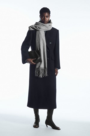 Women's COS Fringed Pure Wool Scarf Light Grey NZ-56YZRCIOL