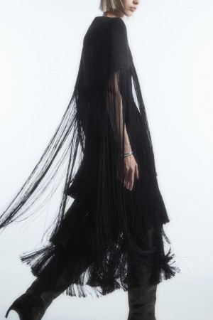 Women's COS Fringedred Midi Dress Black NZ-83PCHUFXR