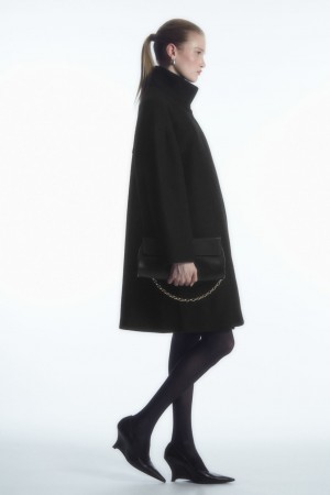Women's COS Funnel-Neck Boiled-Wool Coats Black NZ-71BWFQORD