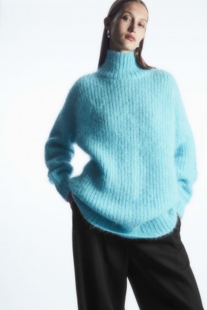 Women's COS Funnel-Neck Mohair Tunic Sweaters Light Turquoise NZ-09ASEKTZF