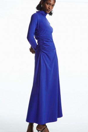 Women's COS High-Neck Gathered Midi Dress Light Blue NZ-30BXEYWRC