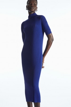 Women's COS High-Neck Ribbed Silk Dress Light Blue NZ-63YFZBRGE