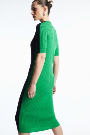 Women's COS High-Neck Ribbed Silk Dress Navy / Light Green NZ-35SIJHVGA