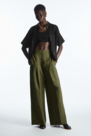 Women's COS High-Waisted Wide-Leg Trousers Dark Khaki NZ-89BEPRHYX